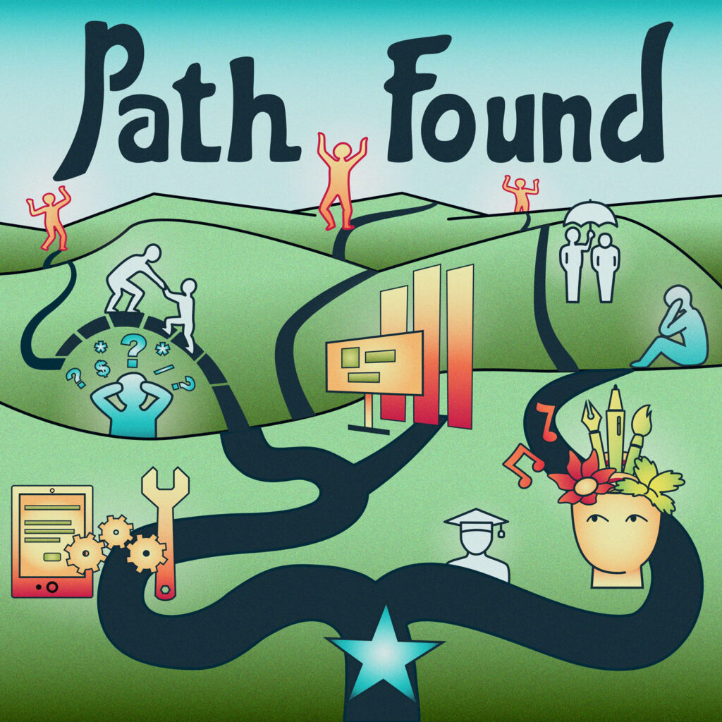 Path Found cover art showing gameboard style paths to various career hurdles and victories.