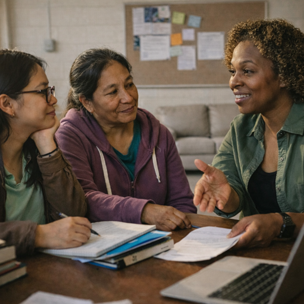 A first generation student and her grandmother meet with a counselor about choosing a college major.