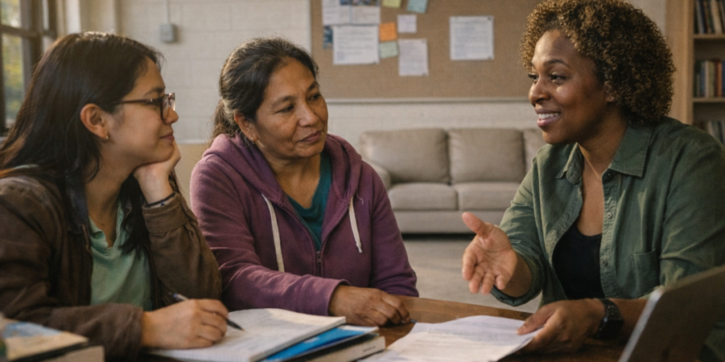 A first generation student and her grandmother meet with a counselor about choosing a college major.