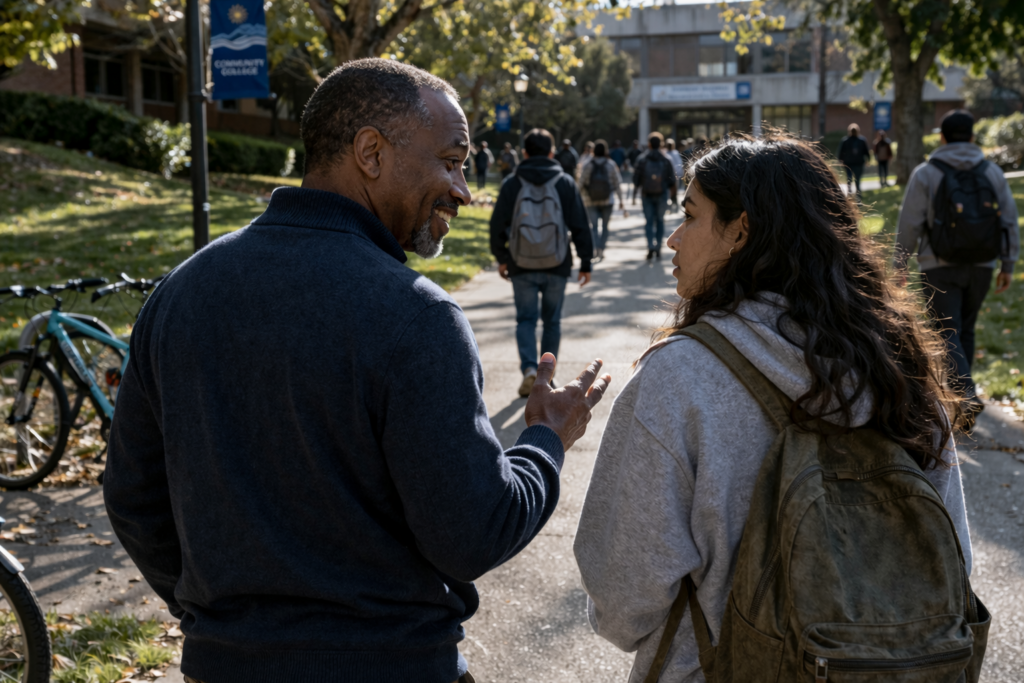 A mentor encourages a young community college student during a walk across campus.
