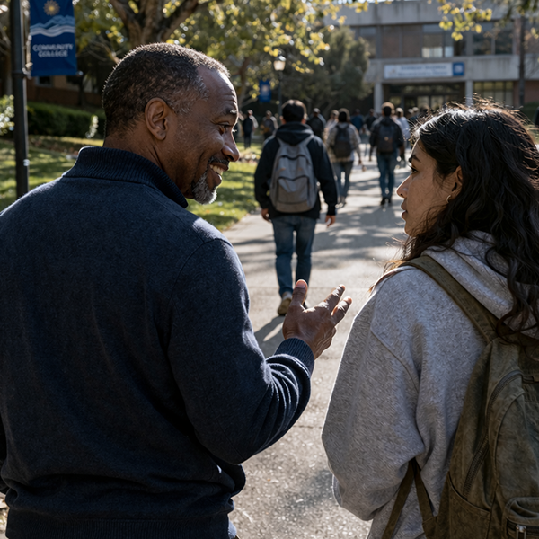 A mentor encourages a young community college student during a walk across campus.